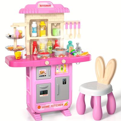 Kids Play Kitchen Playset For Toddlers Girls, Toy Pretend Play Food Toy With Chair For Girls Kids Ages 3-8, Kitchen Accessories Set With Light Sound Spray, For Kids Girls Toddlers
