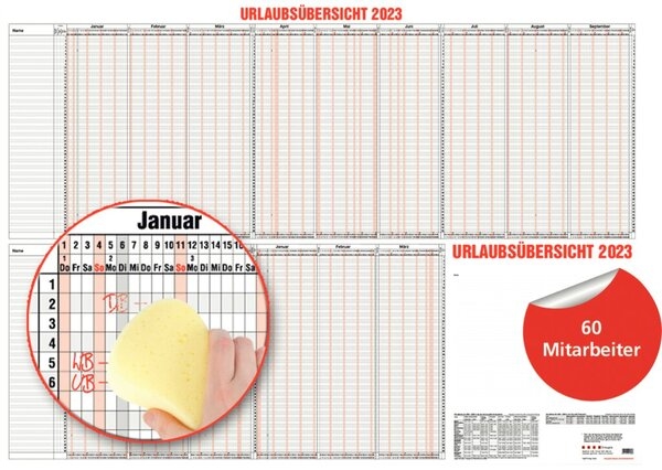 GÜSS Urlaubsübersicht, 15 Monate, abwischbar, 60 Mitarbeiter, 120 x 84 cm, Spalte Resttage hinter jedem Monat Image