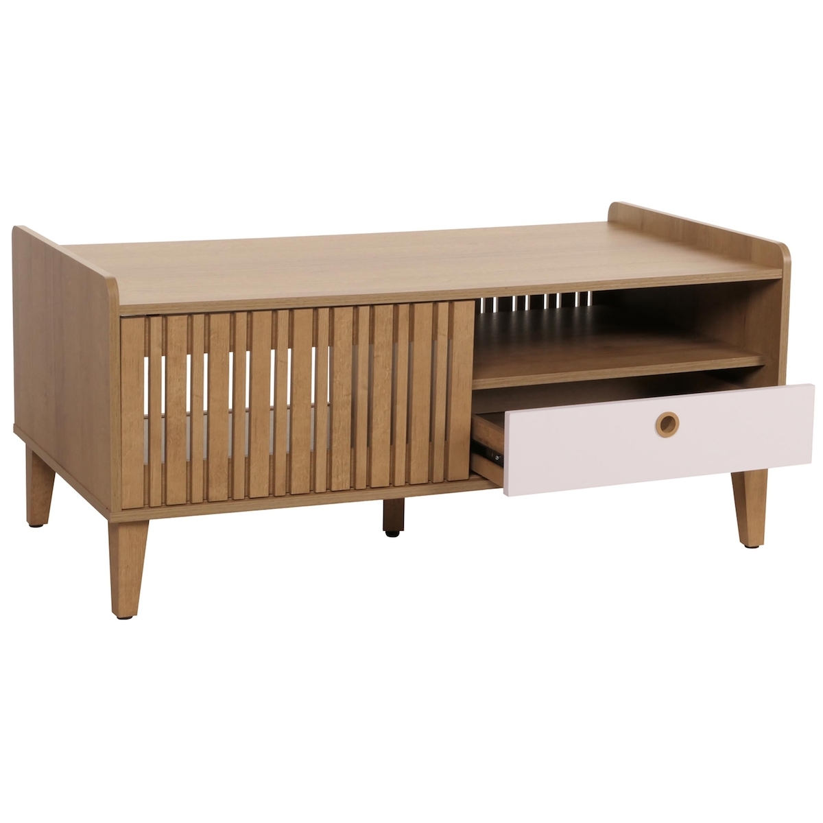 Mendler Couchtisch HWC-M48, Wohnzimmertisch Tisch Sofatisch, 52x114x59cm ~ natur, Schublade weiß Image