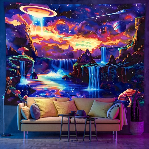 Schwarzlicht Wandteppich UV reaktiv im Dunkeln leuchtend Party Neon Galaxie Universum Pilze psychedelisch trippig neblig hängender Wandteppich Wandbild fürs Wohnen Image