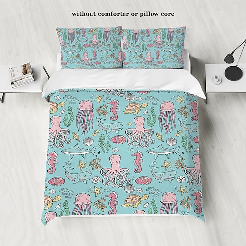 Unterwasserwelt, Meerestiere, Meeresschildkröten, Delfine, Tintenfische, 3D-gedrucktes 3-teiliges Daunenbettbezug-Set für Hotels, Schlafzimmer, Gästezimmer und luxuriöses, bequemes Bettwäscheset Image
