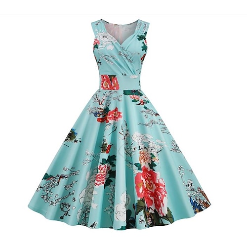 Retro Vintage Cocktailkleid Vintage-Kleid Knielang Kleid Ausgestelltes Kleid Normal Ärmellos Schmale Passform Blumendruck A-Linie V Ausschnitt Kostüm Damen Karneval Neujahr Maskerade Date Kleid Image