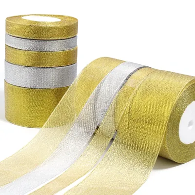 25 Yards/roll 6-50mm Gold Silver Ribbons Glitter Satin Ribbon For Crafts Cake Gift Packaging
