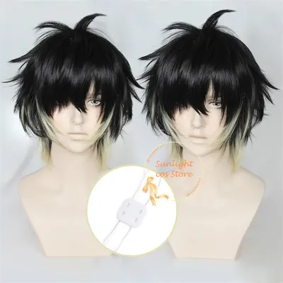 Anime Towa Cosplay Wig Short Black Yellow Mixed Wigs Heat Resistant Synthetic Hair Unisex Anime Cosplay Wigs + Wig Cap