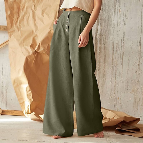 Damen Normal Kunstbaumwollleinen Weite Hosenbeine Weites Bein Chinos Mode Volle Länge Mittlere Taille Einfach Seitentaschen Weites Bein Baggy Komfort Unelastisch Lässig Wochenende Schwarz Grün Khaki Image
