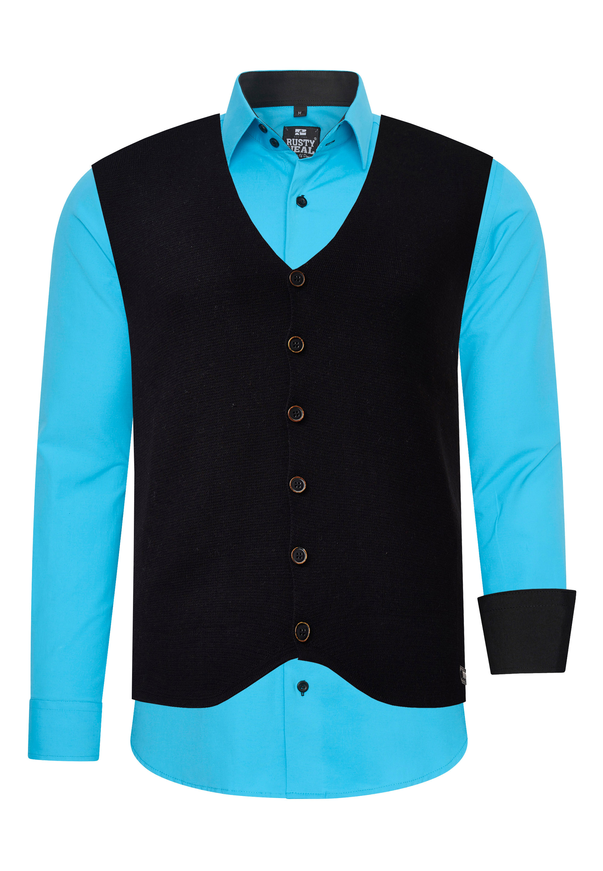 Langarmhemd RUSTY NEAL, Herren, Gr. S, EURO-Größen, blau (türkis), 60% Baumwolle, 37% Polyester, 3% Elasthan, unifarben, Hemden, mit Weste