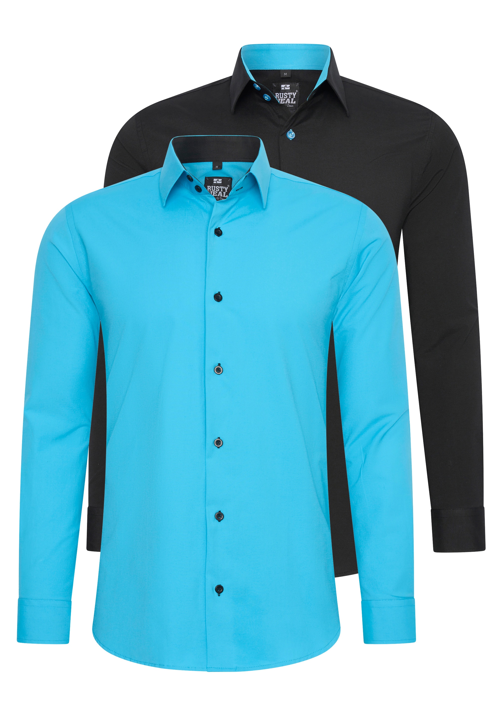 Langarmhemd RUSTY NEAL, Herren, Gr. M, EURO-Größen, bunt (schwarz, türkis), 60% Baumwolle, 37% Polyester, 3% Elasthan, unifarben, Hemden, im Slim-Fit geschnitten