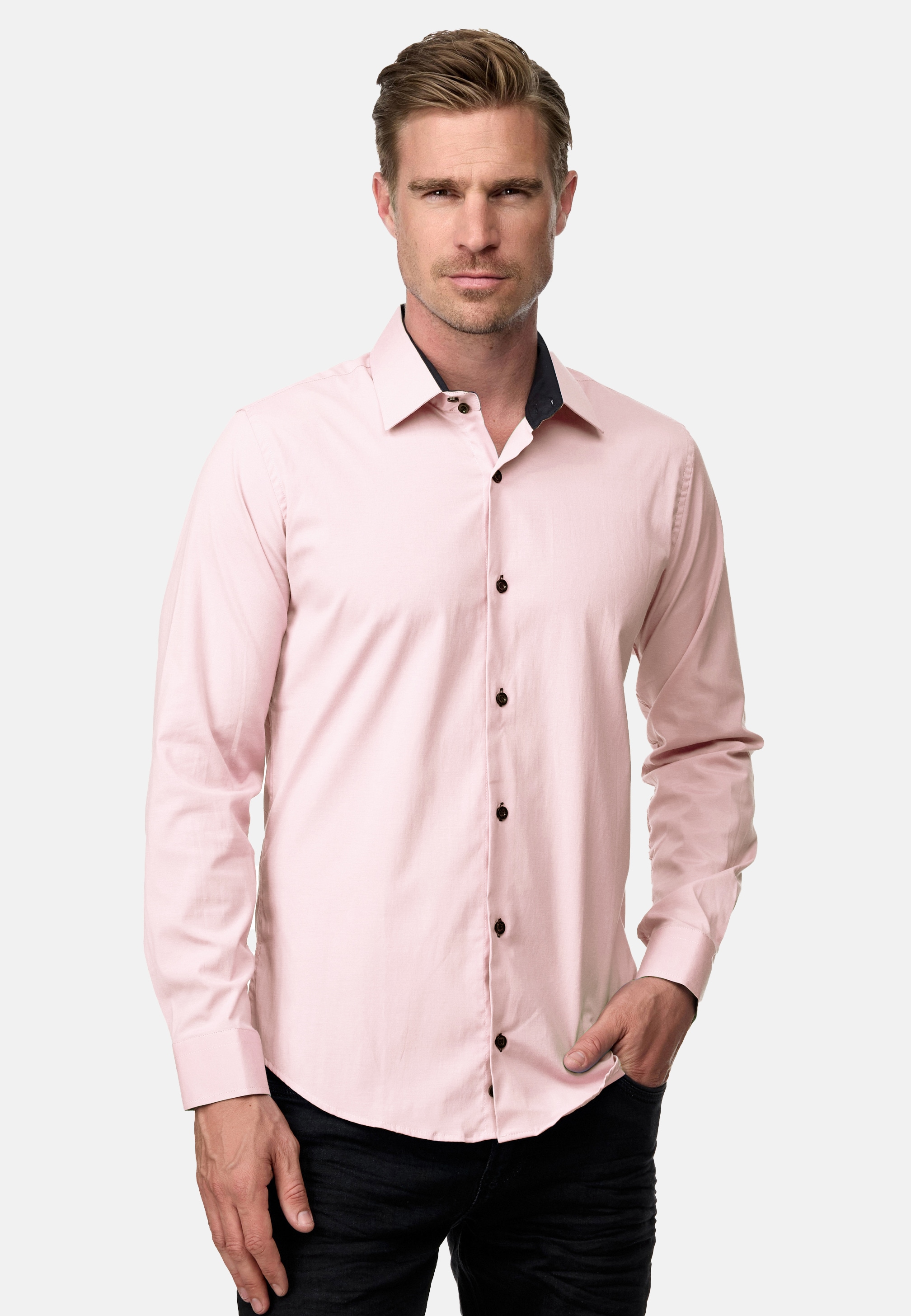 Langarmhemd RUSTY NEAL "Langarm", Herren, Gr. M, EURO-Größen, rosa (rosa, blau), 60% Baumwolle, 37% Polyester, 3% Elasthan, unifarben, Hemden, im Slim-Fit geschnitten