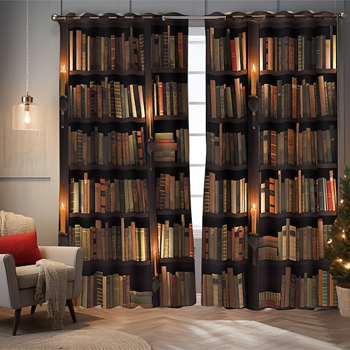 Vintage Bücherregal Verdunkelungsvorhänge Türisolierung Außenbalkon Rest Wohnzimmer Wohndekoration 2-teiliges Set mit 3D-Digitaldruck perforiert Image