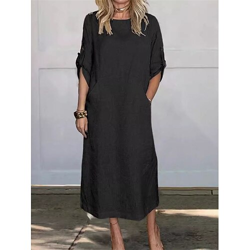 Damen Maxikleid Shiftkleid Weißes Kleid Baumwoll-Leinen-Kleider Basic Modern Täglich Wochenende Lässiger Schnitt Einfach Langarm Rundhalsausschnitt Schwarz Weiß Rote Marineblau Sommer Frühling Image