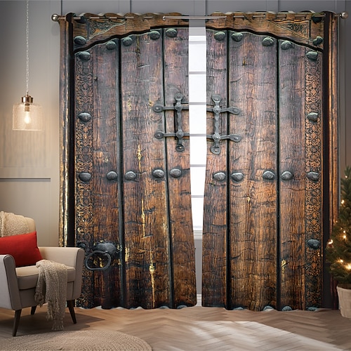 Vintage Holz Verdunkelungsvorhänge Türisolierung Außenbalkon Rest Wohnzimmer Wohndekoration 2-teiliges Set mit 3D-Digitaldruck perforiert Image