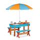 Relaxdays Garden Picnic Table Set, Wood, Play Table, 2x Bench, Parasol, Outdoor Kids Furniture, Colourful