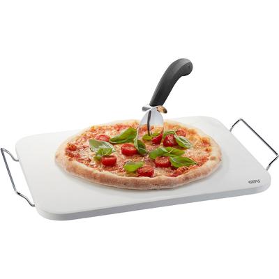 Pizzastein GEFU "Set: Pizzastein DARIOSO mit Gestell + Pizzaschneider + Pizza-Schieber", grau, B:38cm H:1,5cm T:30cm, Edelstahl, Keramik, Kunststoff, Backbleche, Premium-Qualität, vielseitig, leicht zu reinigen, perfektes Geschenk Image