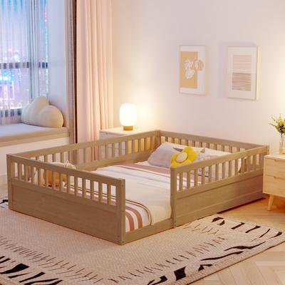 Full Floor Bed Frame with Fence, Wood Kids Floor Beds Frame for Bedroom Playroom