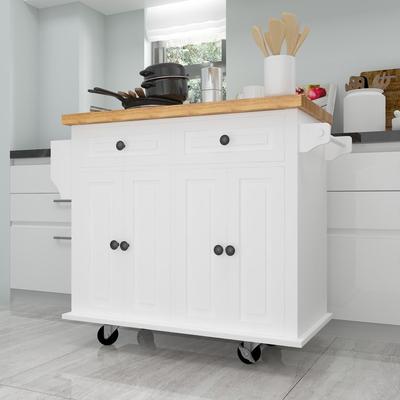 Kitchen Island Cart with Two Storage Cabinets and Two Locking Wheels, 4 Door Cabinet and Two Drawers,Spice Rack, Towel Rack
