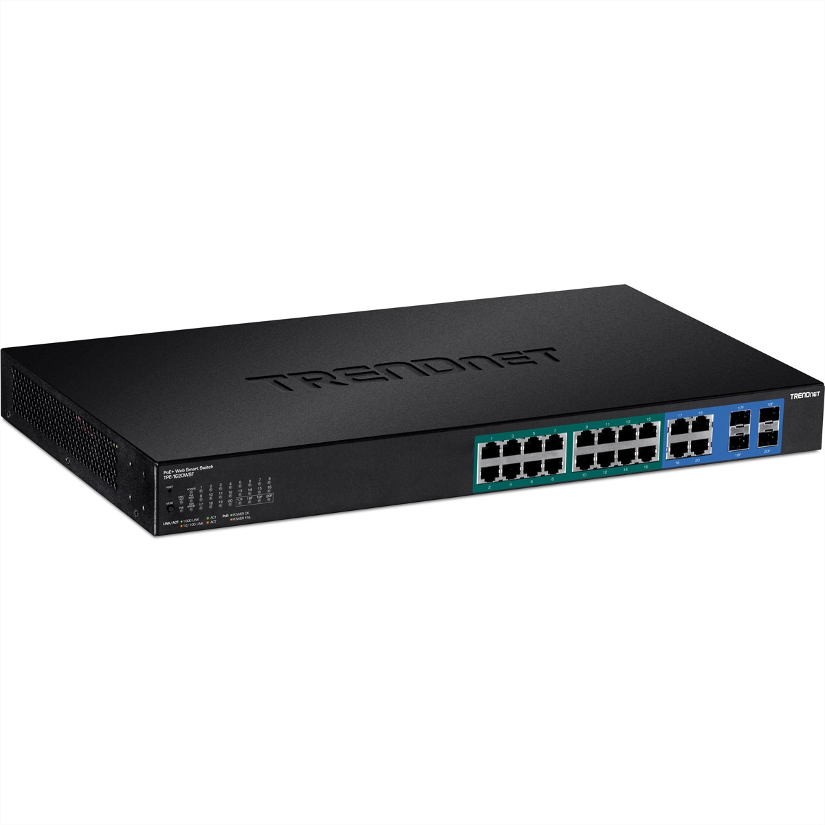 TRENDnet TPE-1620WSF 20-Port POE+ Switch Gigabit Web Smart, 2x SFP, 16x PoE+ (370W) Image
