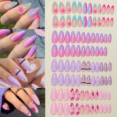 TEMU 96pcs Almond Shaped Long Press-on Nails Set, Glossy , Gradient Purple & Pink With Glitter Accents, Full Cover Fake Nails For Women And Girls Image