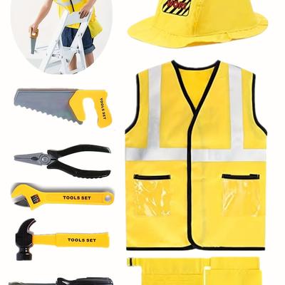 Boys Halloween Construction Worker Style Outfit Set, 5pcs, Reflective Yellow Vest With Tools, Party Dress-up