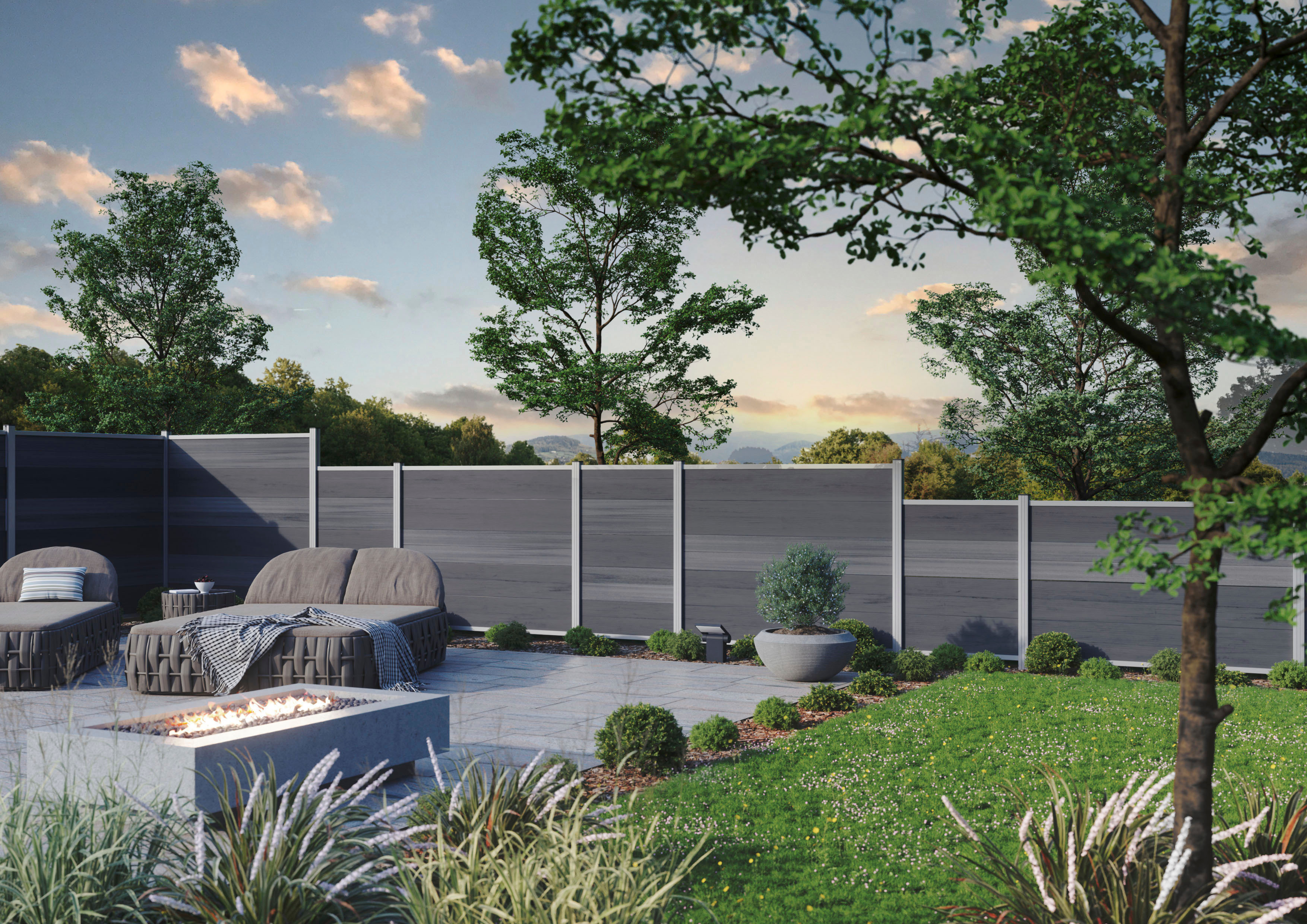 Sichtschutzelement TETZNER & JENTZSCH "Evansville", grau (grau, silber), H:180cm, Aluminium, WPC (Holz-Kunststoff-Komposit), Zaunelemente, langlebig, witterungsbeständig