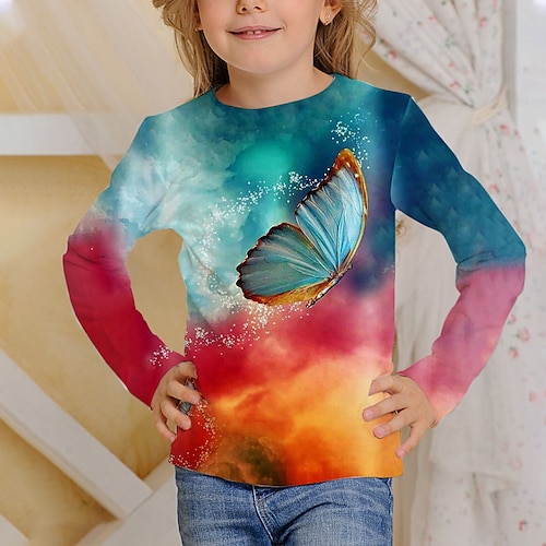 Mädchen 3D Regenbogen Schmetterling T-Shirt Langarm 3D-Druck Herbst Aktiv kinderkleidung 4-12 Jahre Regular Fit Image