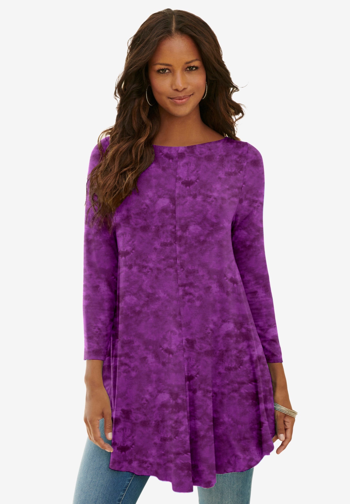 Plus Size Women's Plus Size Boatneck Swing Ultra Drape Tunic Top by Roaman's in Purple Soft Tie Dye (Size 18/20) Long Shirt