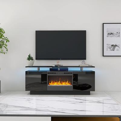 Modern High Gloss TV Cabinet for TV up to 60'' with Fireplace, Heat and Flame Color Adjustable, Full Function Remote Included