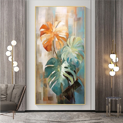 grünes Blatt Ölgemälde auf Leinwand große handgemachte Wandkunst abstrakte Pflanzenkunst minimalistische Kunst individuelle Malerei modernes Kunstwerk für Wohnzimmer Schlafzimmer Wanddekoration Image