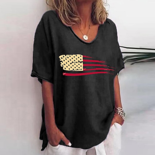 Damen Baumwoll-Leinen-Hemden T Shirt Druck USA Lässig Kurzarm Rundhals Normale Oberteile Urlaub Unabhängigkeitstag Schwarz Wein Marineblau Sommer Image