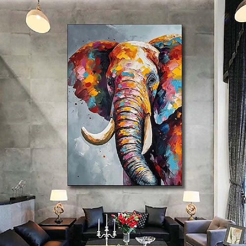 abstraktes, farbenfrohes Elefanten-Ölgemälde auf Leinwand, Paar, Acryl-Tier, Elefantengemälde, modernes, farbenfrohes Texturmesser-Tiergemälde, Kunst für Wohnzimmer, Schlafzimmer, Heimdekor, Image