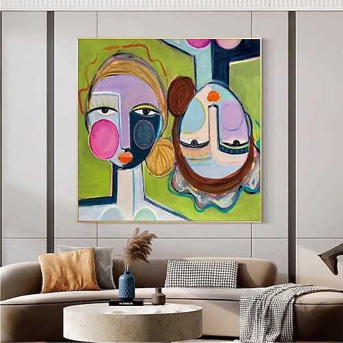 figuratives Gemälde, 100 % handgefertigt, abstraktes Porträtkunstgemälde von 2 Frauen, zeitgenössische Kunst, grünes Gemälde einer Frau, abstrakte Kunst, Gesicht, Ölgemälde für Schlafzimmer, Image