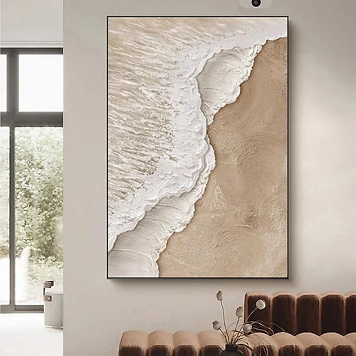 handgemachtes 3D beige minimalistisches Strandgemälde Ozeanwellengemälde auf Leinwand Ozean abstrakte Kunst strukturierte Wandkunst Wandkunst Wohnzimmer Kunst gerahmt fertig zum Aufhängen Image