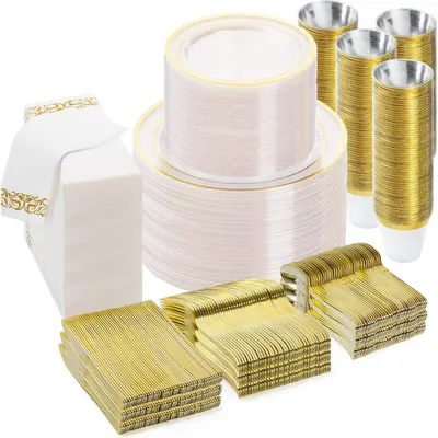 700PCS Clear Gold Disposable Dinnerware Set (100 Guests),for Party, Wedding,200 Plastic Plates,100