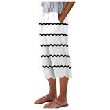 Womens Plus Size Capri Pants Hawaiian Leaf Printed Linen Pants Cycling Elastic Waisted Ruched Jogger Trousers Baggy Stretchy Streetwear Oversize Palazzo Pants with Pockets(White L)