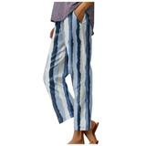 Linen Pants Women Petite Patchwork Printed Linen Pants Golf High Waisted Ruched Wide Leg Trousers Loose Fit Stretch Trendy Fashion White Pantswith Pocket(Dark Blue M)