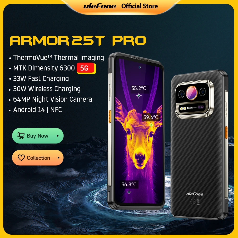 Ulefone Armor 25T Pro 5G Thermal Imaging Rugged Phone Android 14 33W 64MP Night Vision Mobile Phone NFC Waterproof Smartphone