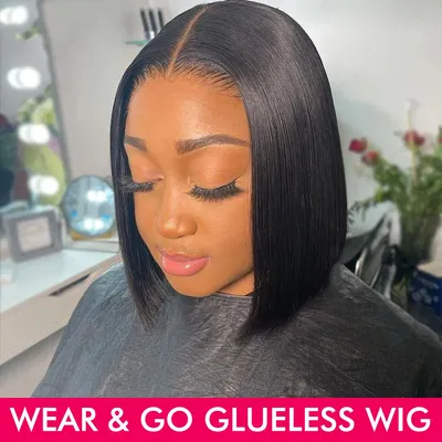 Wear Go Bob Wigs For Women Human Hair 180% Straight Glueless Wig Ready To Go Human Hair Wig Pre Cut