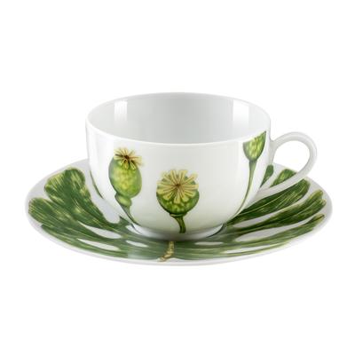 6er Set Teetassen und Untertassen aus Porzellan, Weiß/Grün