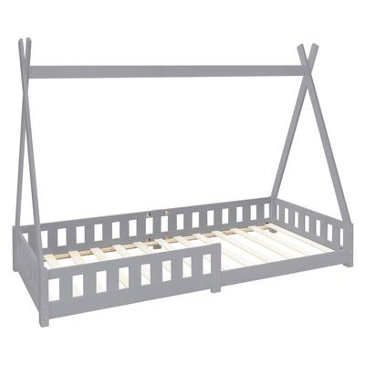 Kinderbett+Matratze Rausfallschutz Tipi Holzbett Bett Grau 90x200 cm