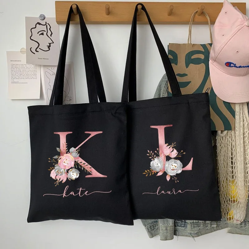 Nouveau noir personnalisé nom personnalisé mode femmes rose fleur lettre toile sac loisirs Shopping grande capacité pliant cadeau