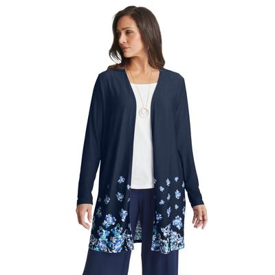 Plus Size Women's Everyday Stretch Knit Open Front Cardigan by Jessica London in Navy Flower Border (Size 12)