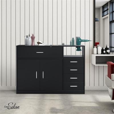 Salon Station Free Standing Cabinet with 5 Drawers, 1 Storage Cabinet, 3 Hair Dryer Holders - Black - N/A