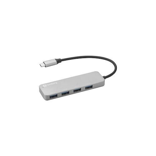 SANDBERG USB-C to 4 x USB 3.0 Hub SAVER - USB 2.0 Type-C - USB 3.2 Gen 1 (3.1 Gen 1) Type-A - Silber - Aluminium - 1 Stück(e) - 120 mm