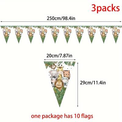 TEMU 3pcs, Animal Theme Birthday Party Pull Flag Decoration Triangle Flag Supplies Image