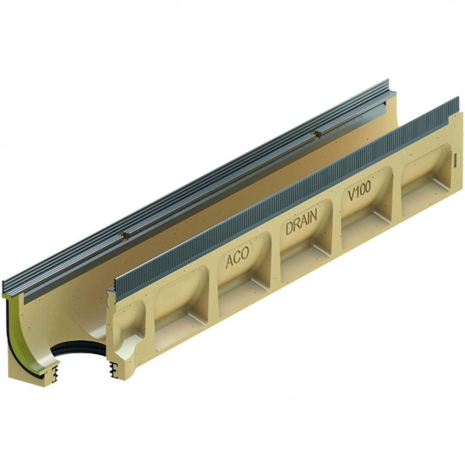 ACO Drain Multiline Seal in V100 Entwässerungsrinne ohne Sohlengefälle mit senkrechtem Rohranschluss, Stahl verzinkt, 1000 mm,20.0.2 Image
