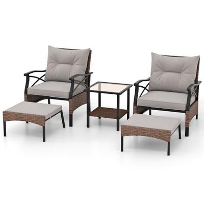 Costway 5 Pieces Wicker Patio Furniture Set Ottomans and Cushions and 2-Tier Tempered Glass Side Table-Brown