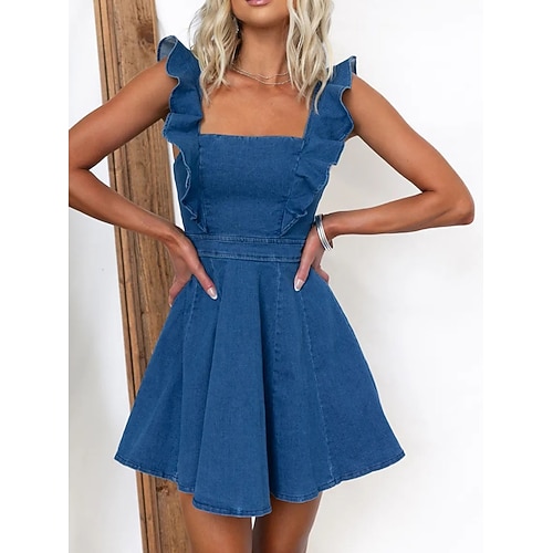 Damen Jeanskleider Minikleid Denim Rüsche Rückenfrei Verabredung Urlaub Strassenmode Basic Spaghetti-Träger Ärmellos Blau Leicht Blau Farbe Image