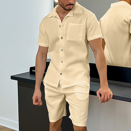 Herren T-Shirt Anzüge 2-teiliges Outfit T-Shirt und Shorts Kurzarm Umlegekragen Sommer Einfach Mode Lässig 2 teilig Urlaub Alltagskleidung Ausgehen Schwarz Weiß Blau Top T-Shirt für Herren Image