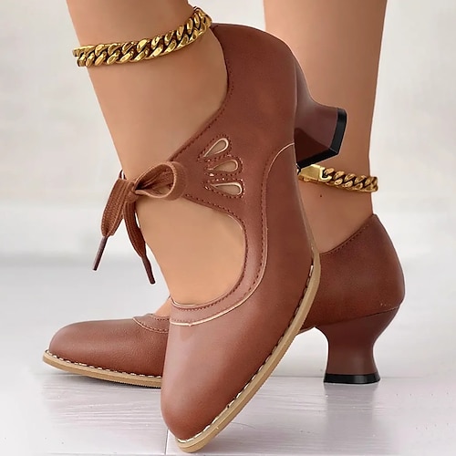 Damen Vintage Schnürschuhe aus Leder mit Absatz - elegante Cut-Out-Oxford-Schuhe für Retro und formelle Anlässe Image