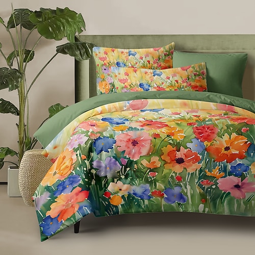 3-teiliges Bettwäscheset aus 100 % Baumwolle mit farbenfrohen Tintenblumen für Hotelschlafzimmer, Gästezimmer, bequemes Hotelbettwäscheset, 1 Bettbezug, 2 Kissenbezüge, Bettset Image