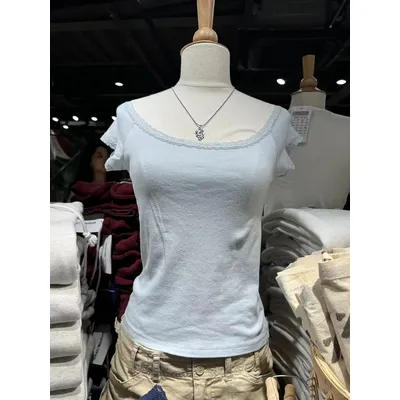 Lace Patchwork Blue Slim Crop Top Women Summer Sexy Scoop Neck Cotton Short Sleeve Tees Tops Female